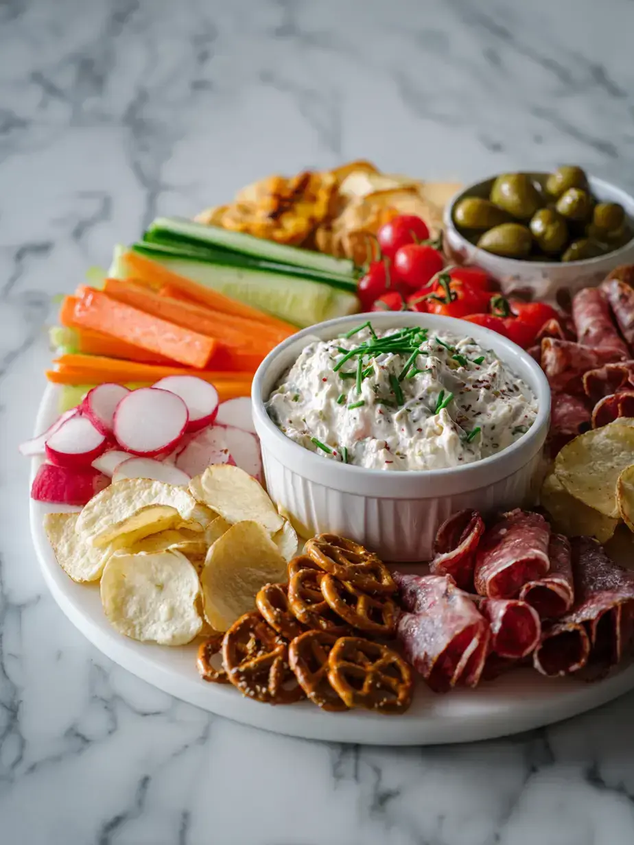 Delicious chip dip charcuterie board beautifully arranged
