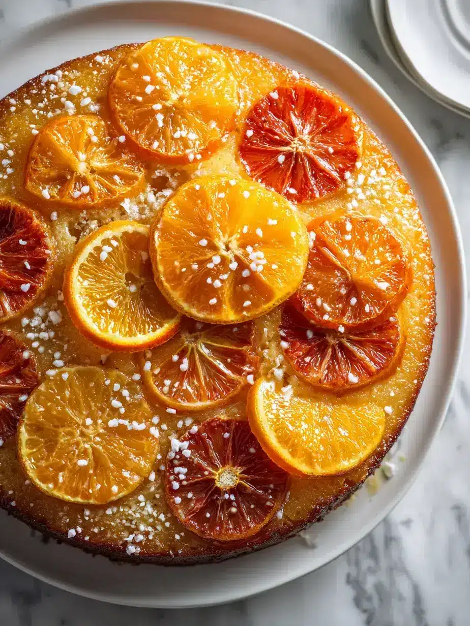Freshly baked citrus upside down cake with glistening caramelized oranges and lemons