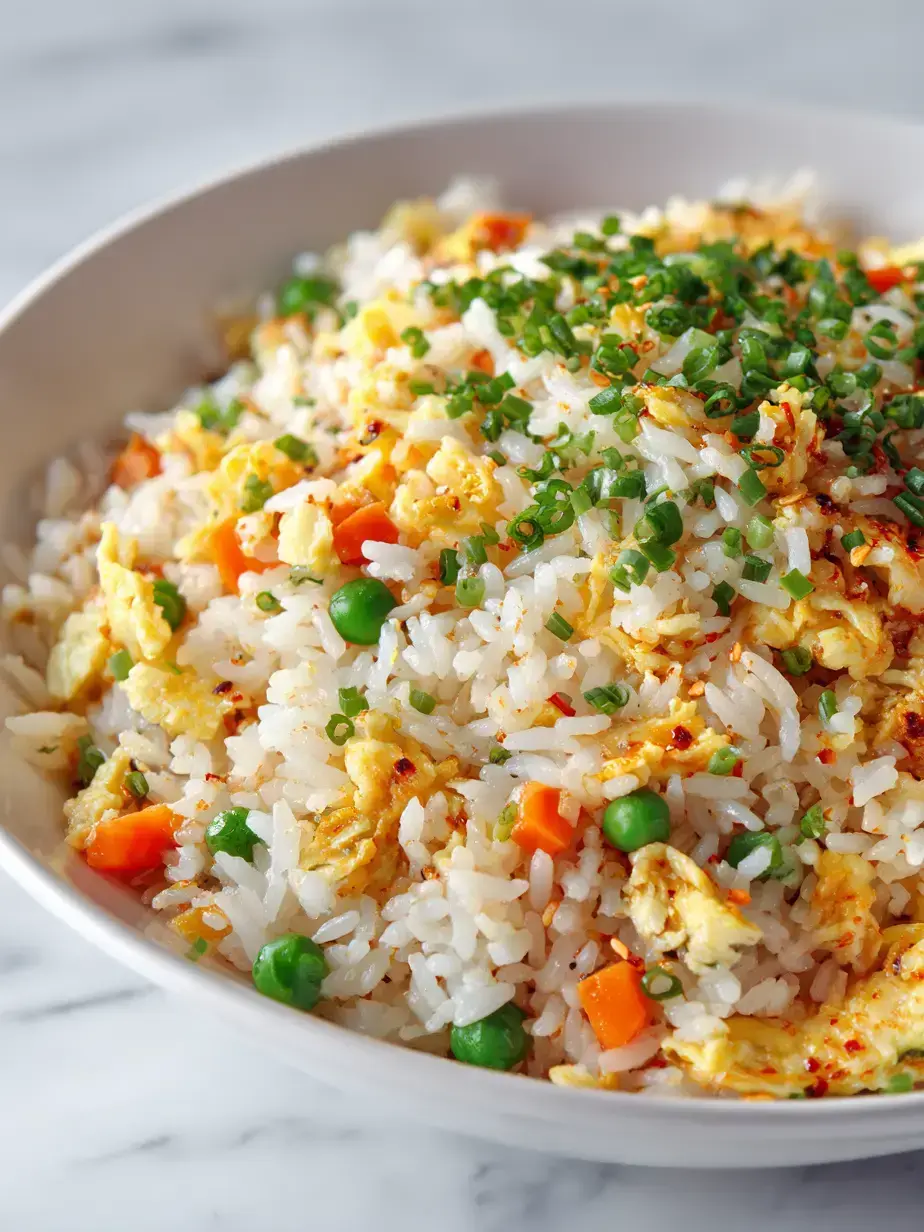 Golden easy egg fried rice with vibrant peas and carrots in a cast iron skillet