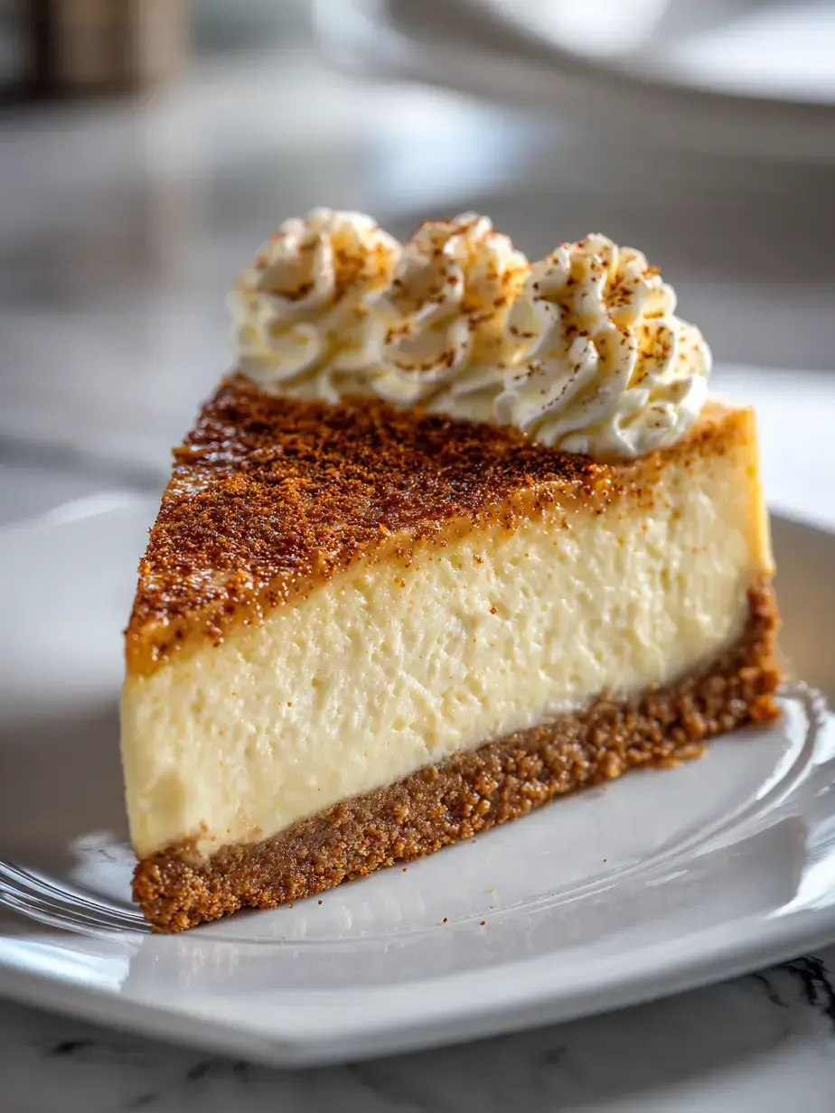 Delicious egg nog cheesecake slice with whipped cream and nutmeg garnish