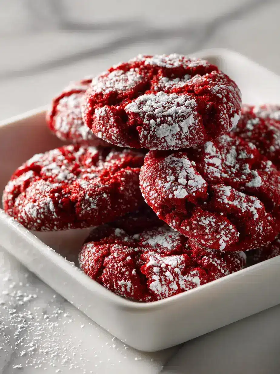 Delicious red velvet crinkle cookies on a festive plate