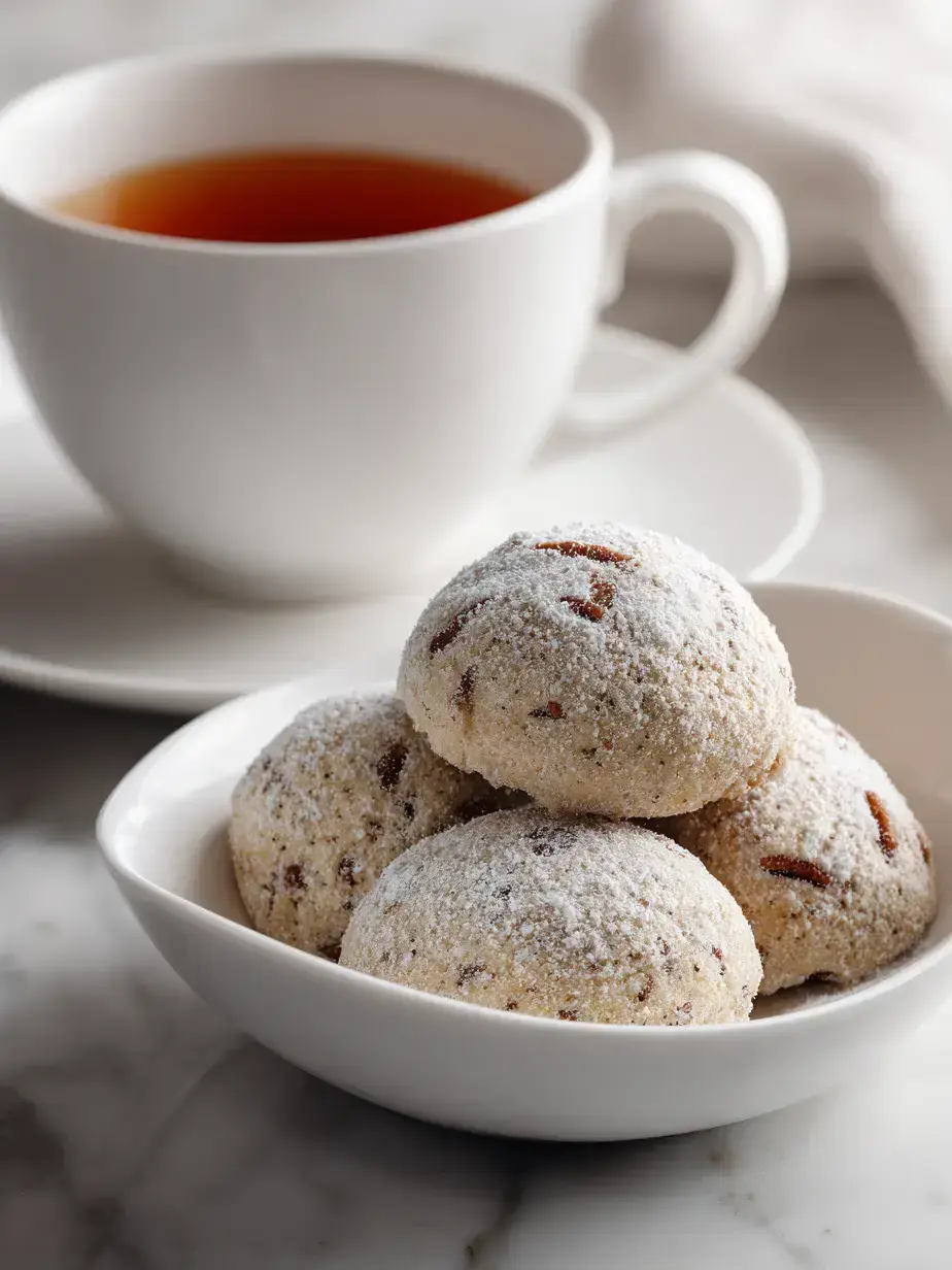 Close-up of Russian tea cakes showing crumb texture and powdered sugar coating
