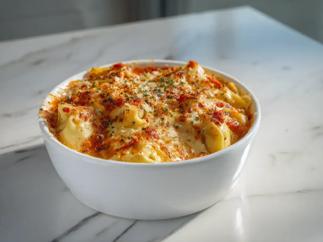 Easy baked sundried tomato tortellini in a ceramic dish