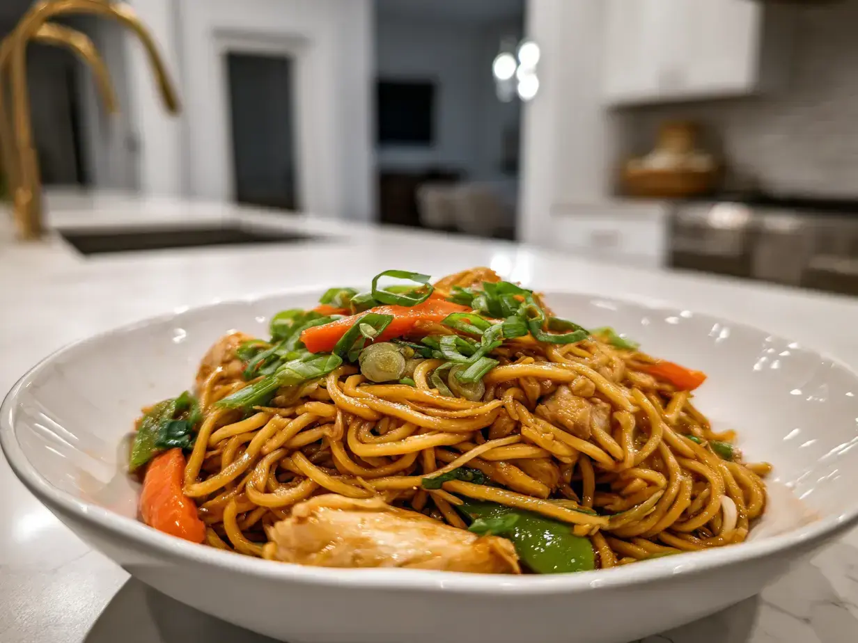 A close-up bowl of easy chicken lo mein with chopsticks