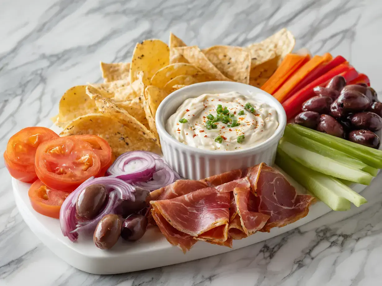 Assembled chips dip charcuterie board with dip bowl and colorful dippers