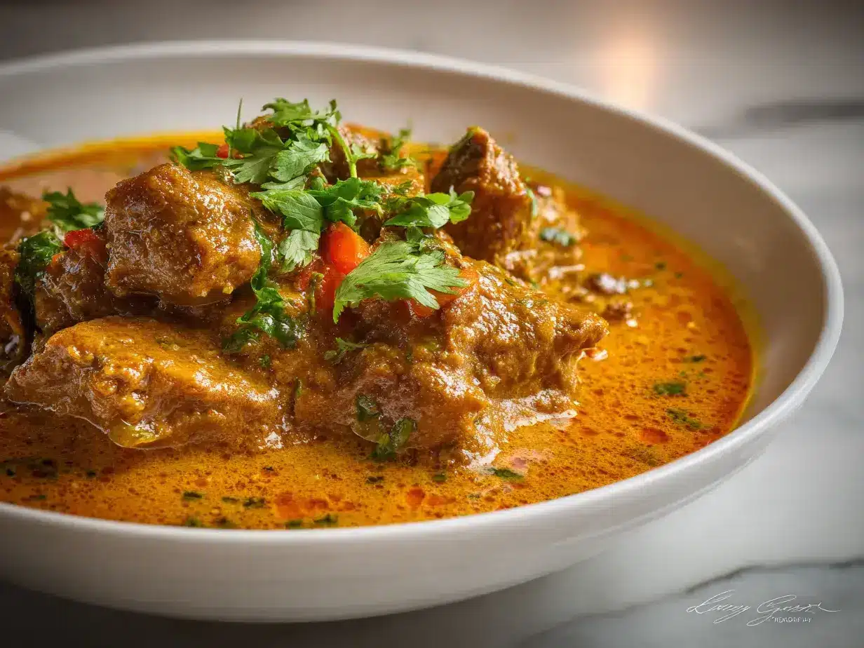 Bowl of creamy lamb curry with tender meat and aromatic sauce