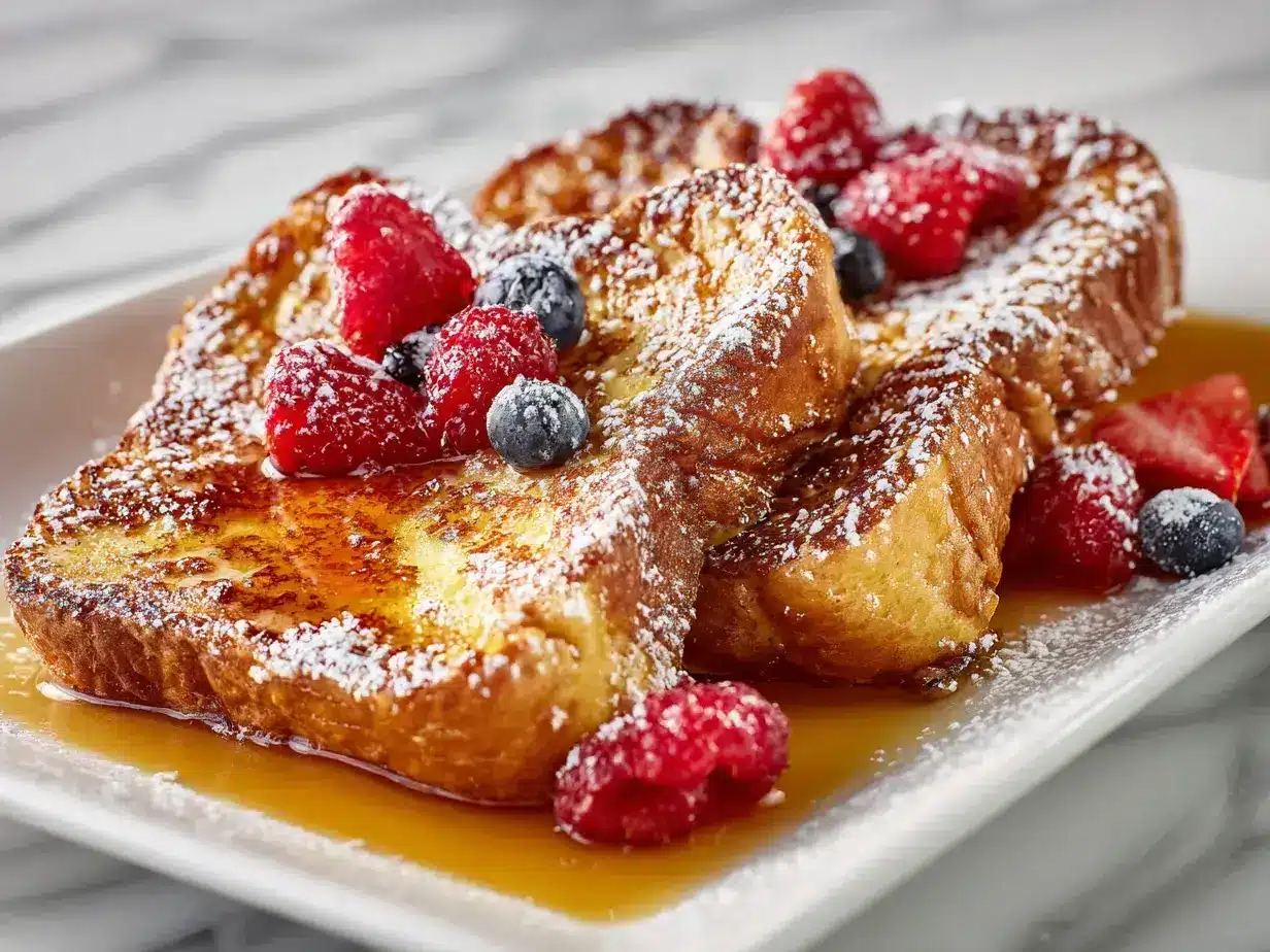 Close-up of Crème Brûlée French Toast with a caramelized sugar crust and fresh berries