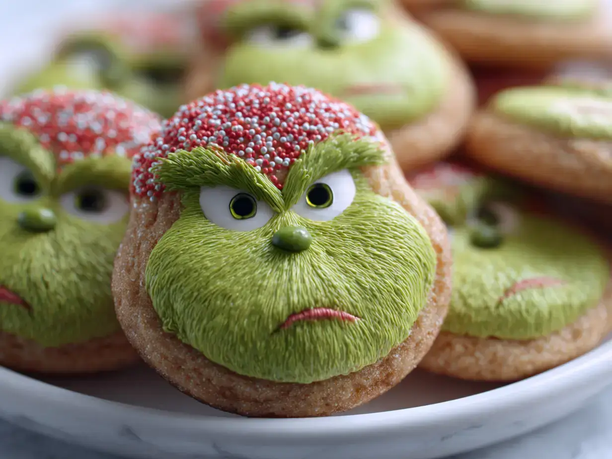 A fresh batch of green Grinch sugar cookies cooling on a wire rack