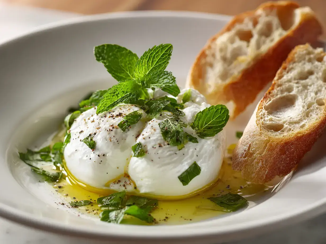 Beautiful plated labneh and burrata appetizer with fresh herbs and olive oil