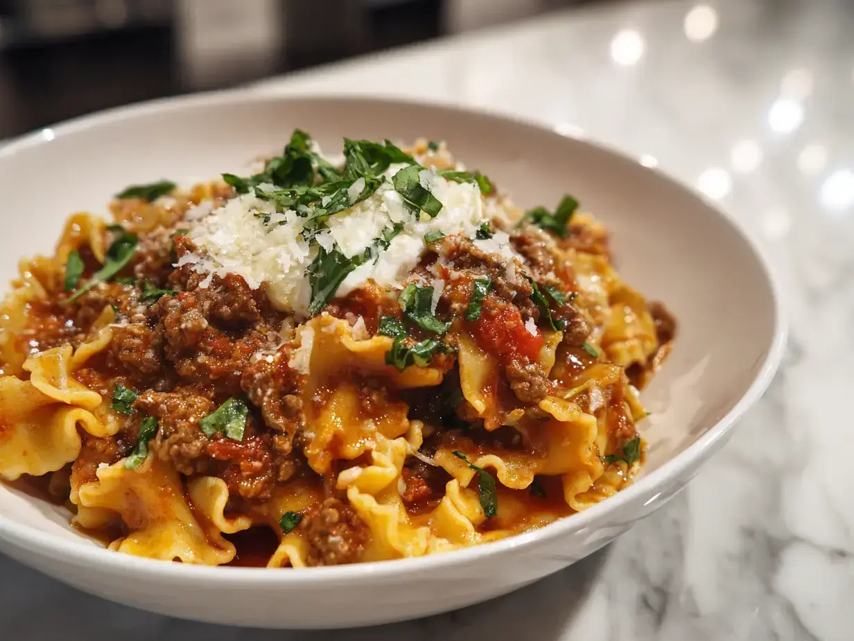 Bowl of creamy one-pot lasagna soup with spinach and cheese topping