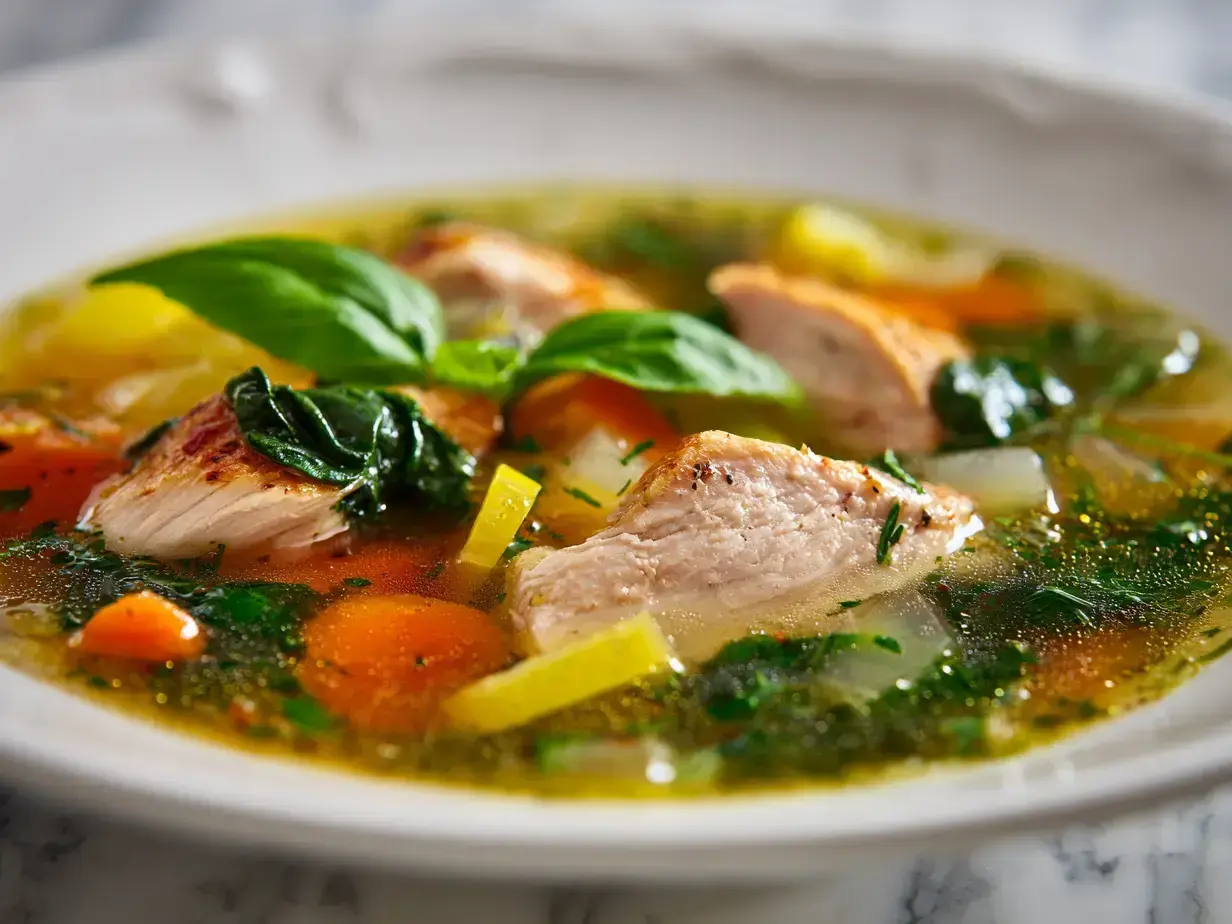 Steaming bowl of golden anti-inflammatory chicken soup with shredded chicken and vegetables