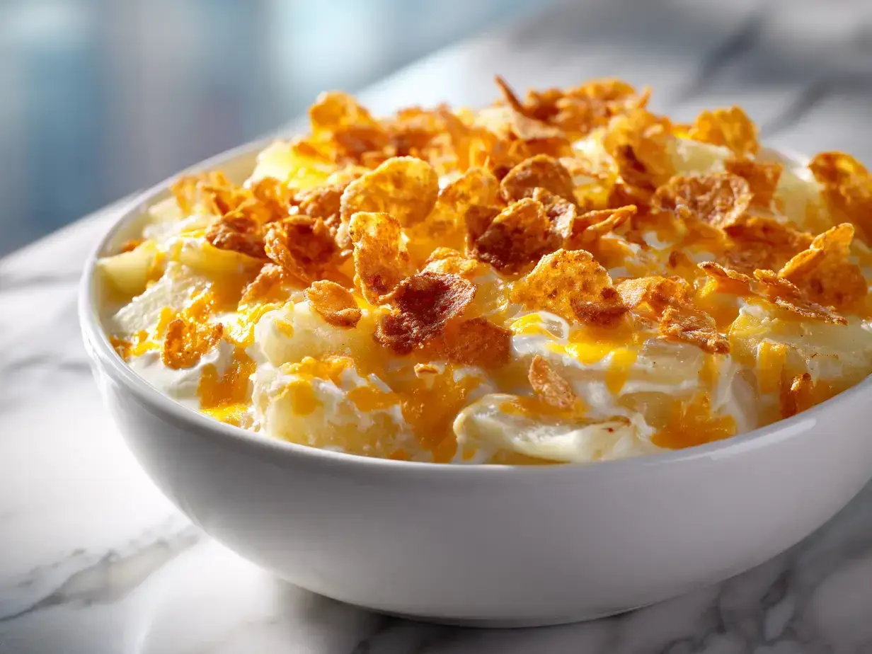 A close-up view of freshly baked cheesy potatoes in a ceramic dish
