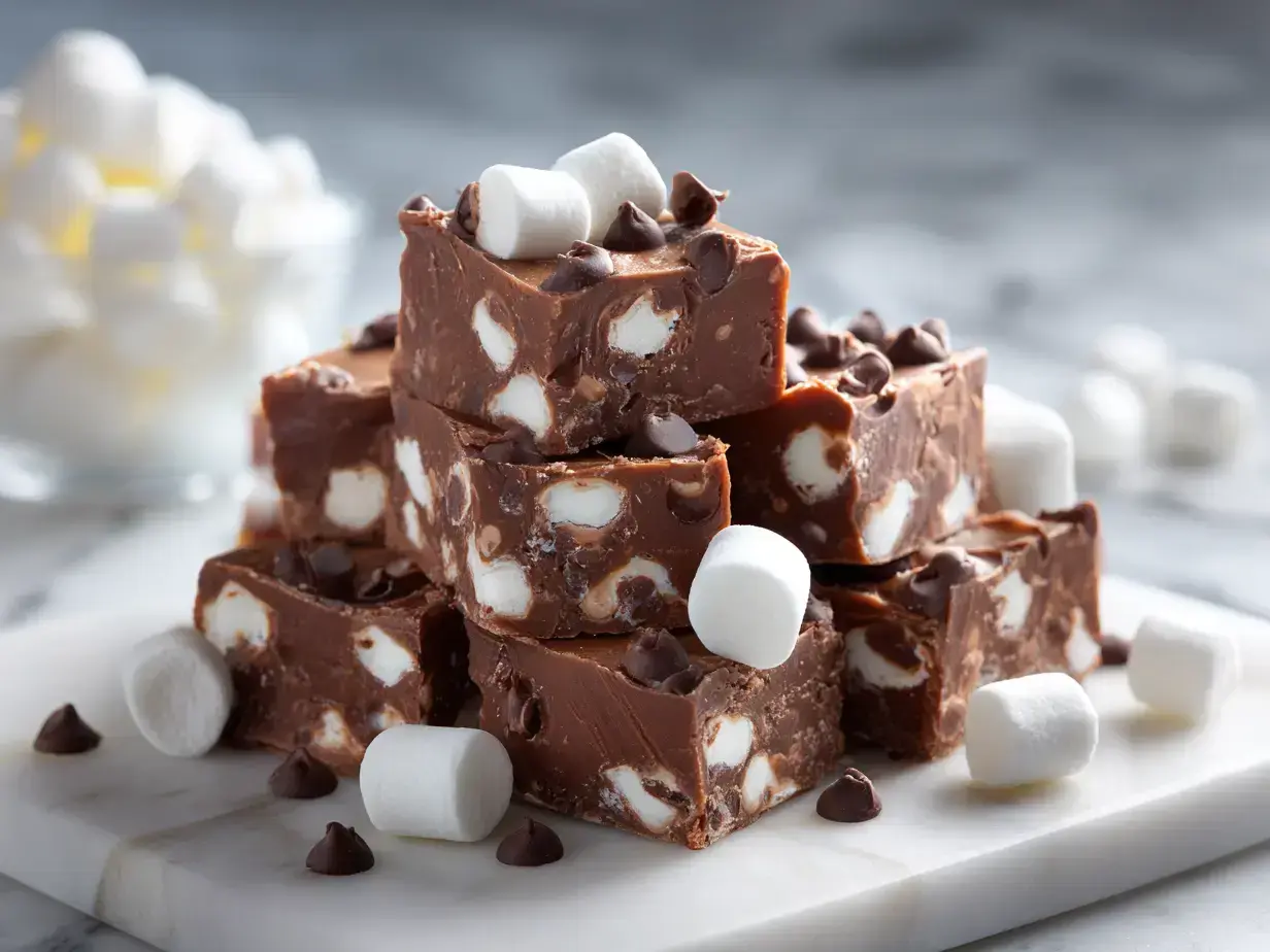 Easy chocolate fudge squares on a marble slab