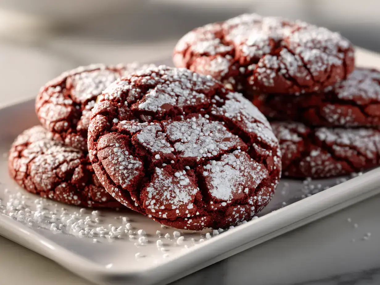 Easy red velvet crinkle cookies cooling on baking sheet