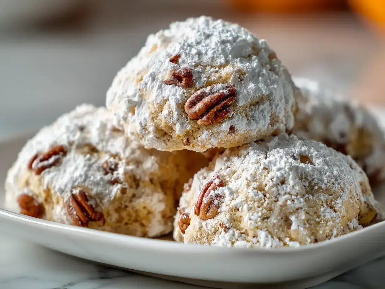 Russian tea cakes dusted with powdered sugar on a vintage plate