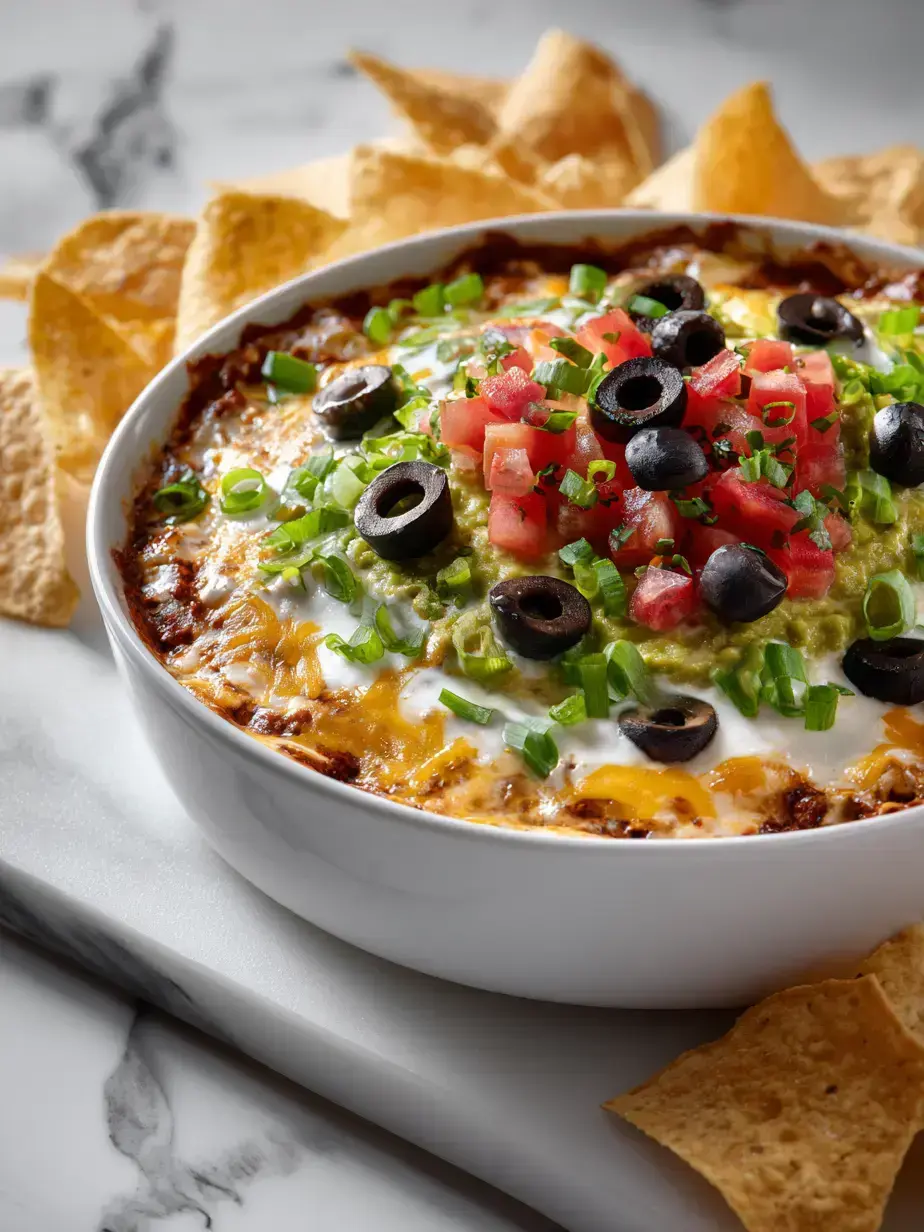 Irresistible 7 layer dip with tortilla chips
