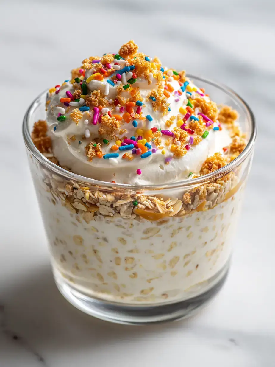 Close-up of a spoonful of birthday cake overnight oats, showing the creamy texture and colorful sprinkles.