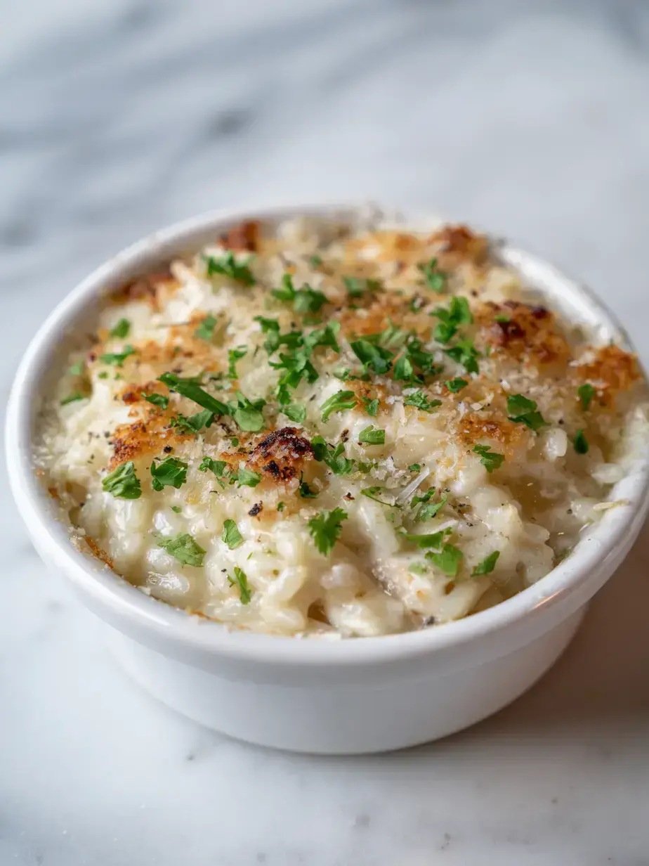 Irresistible Chicken Alfredo Rice Casserole fresh from the oven