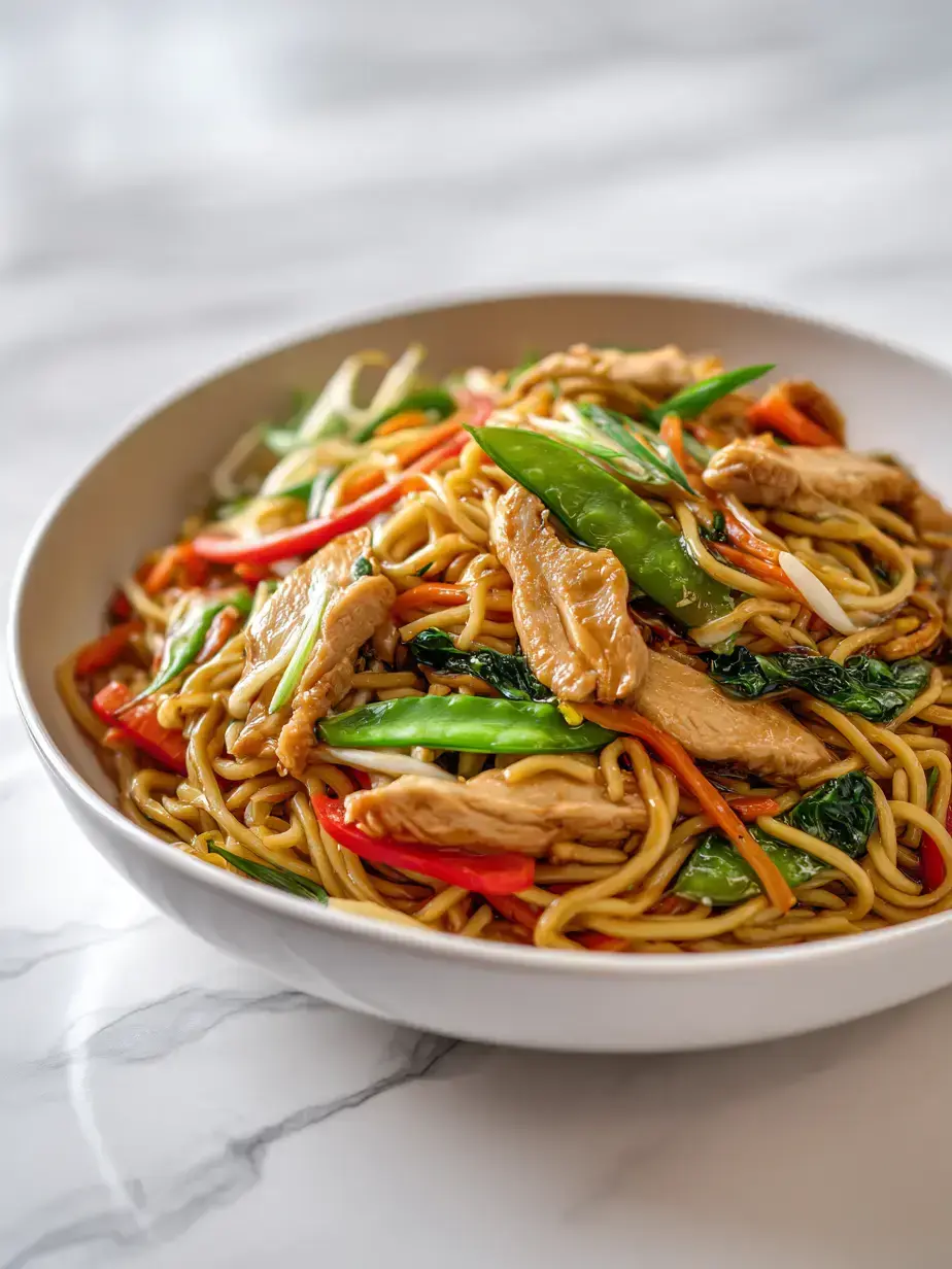 An irresistible plated serving of chicken lo mein garnished with scallions