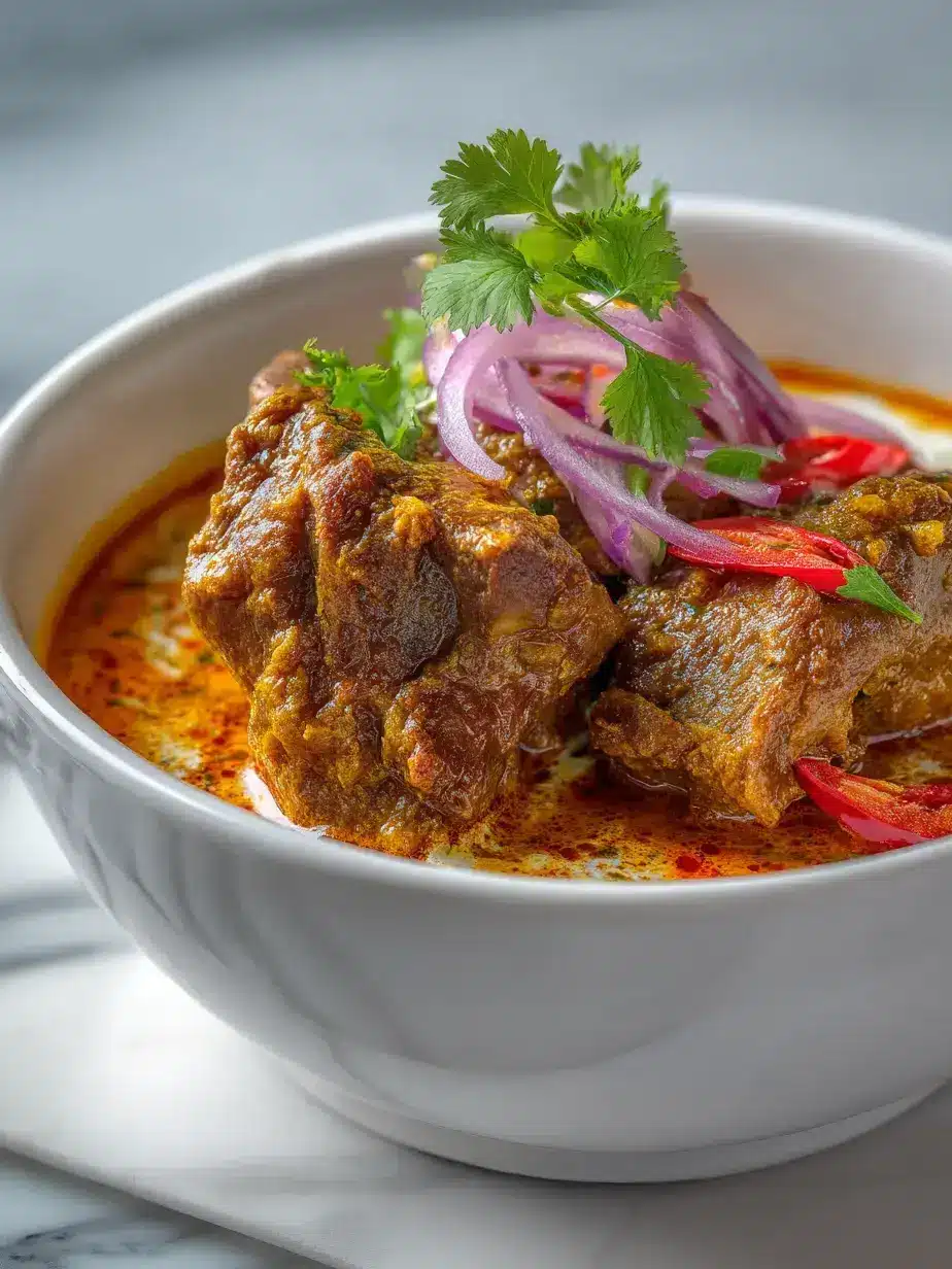 Close up of creamy lamb curry garnished with fresh cilantro
