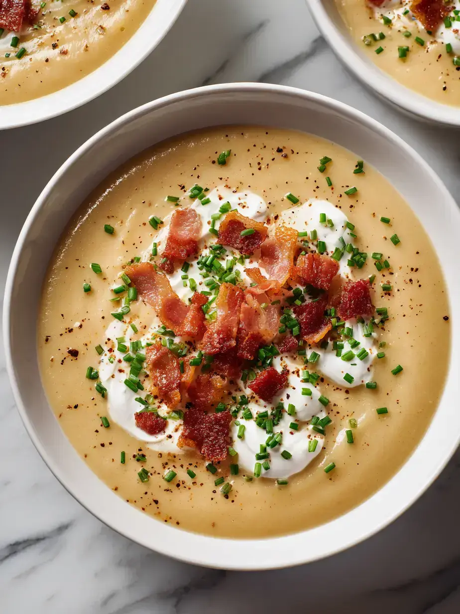 Close-up of creamy potato soup in a rustic bowl
