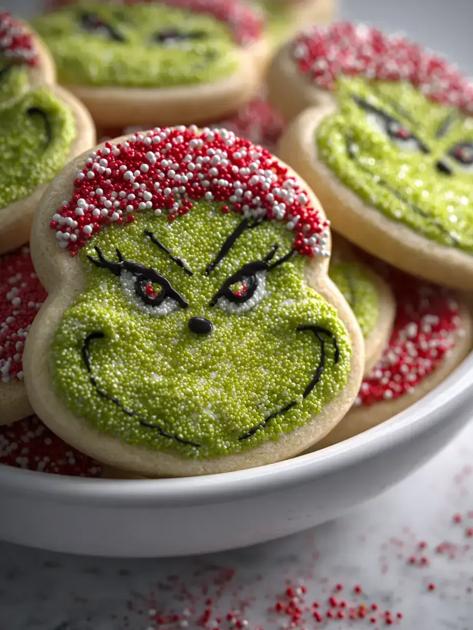 A festive platter arranged with green Grinch cookies and other holiday treats