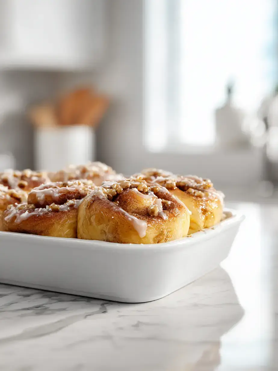 Close up of a single gooey banana cinnamon roll with frosting