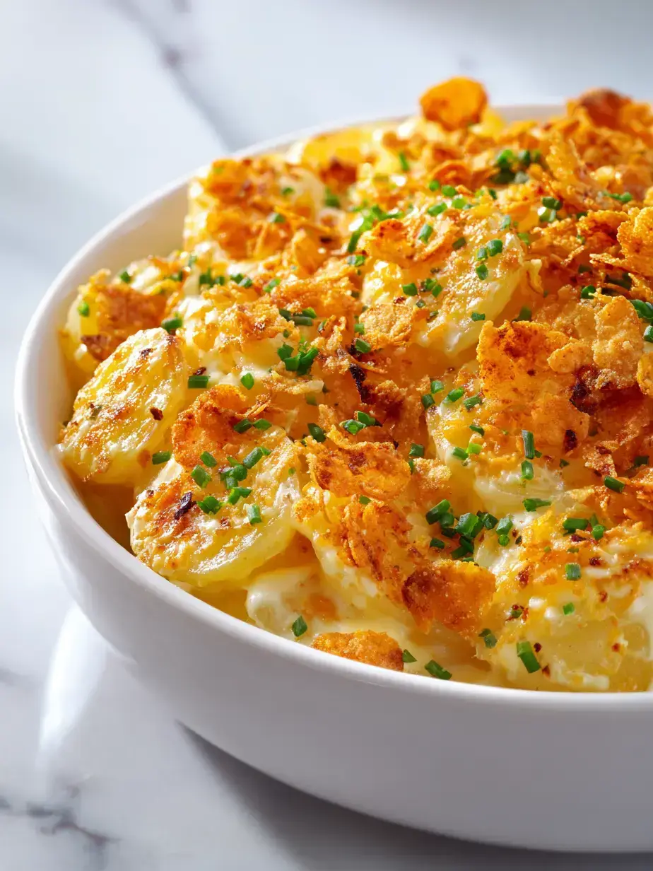 Irresistible cheesy potatoes served on a plate with a spoon