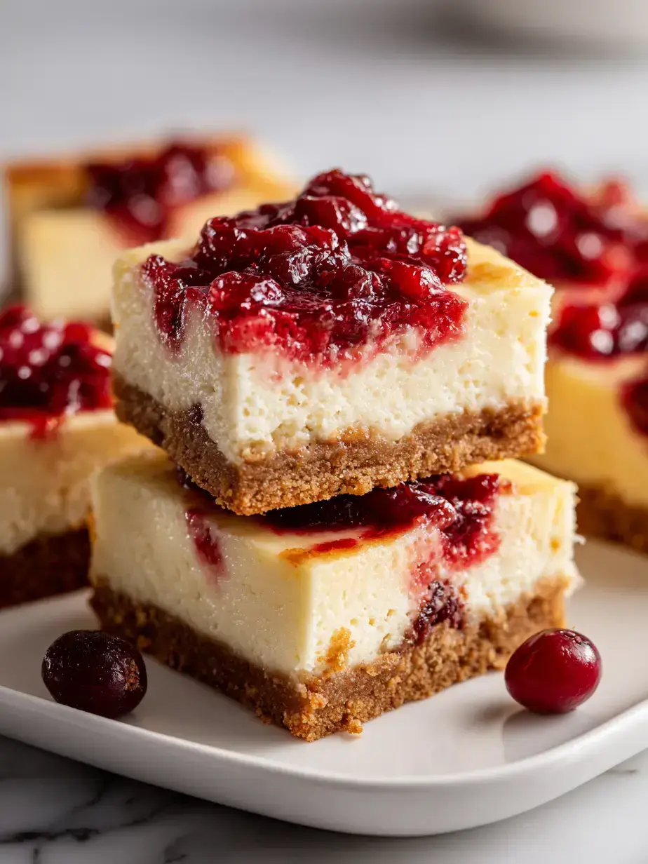 Close-up of a single Christmas cheesecake bar with a cranberry swirl on a holiday plate