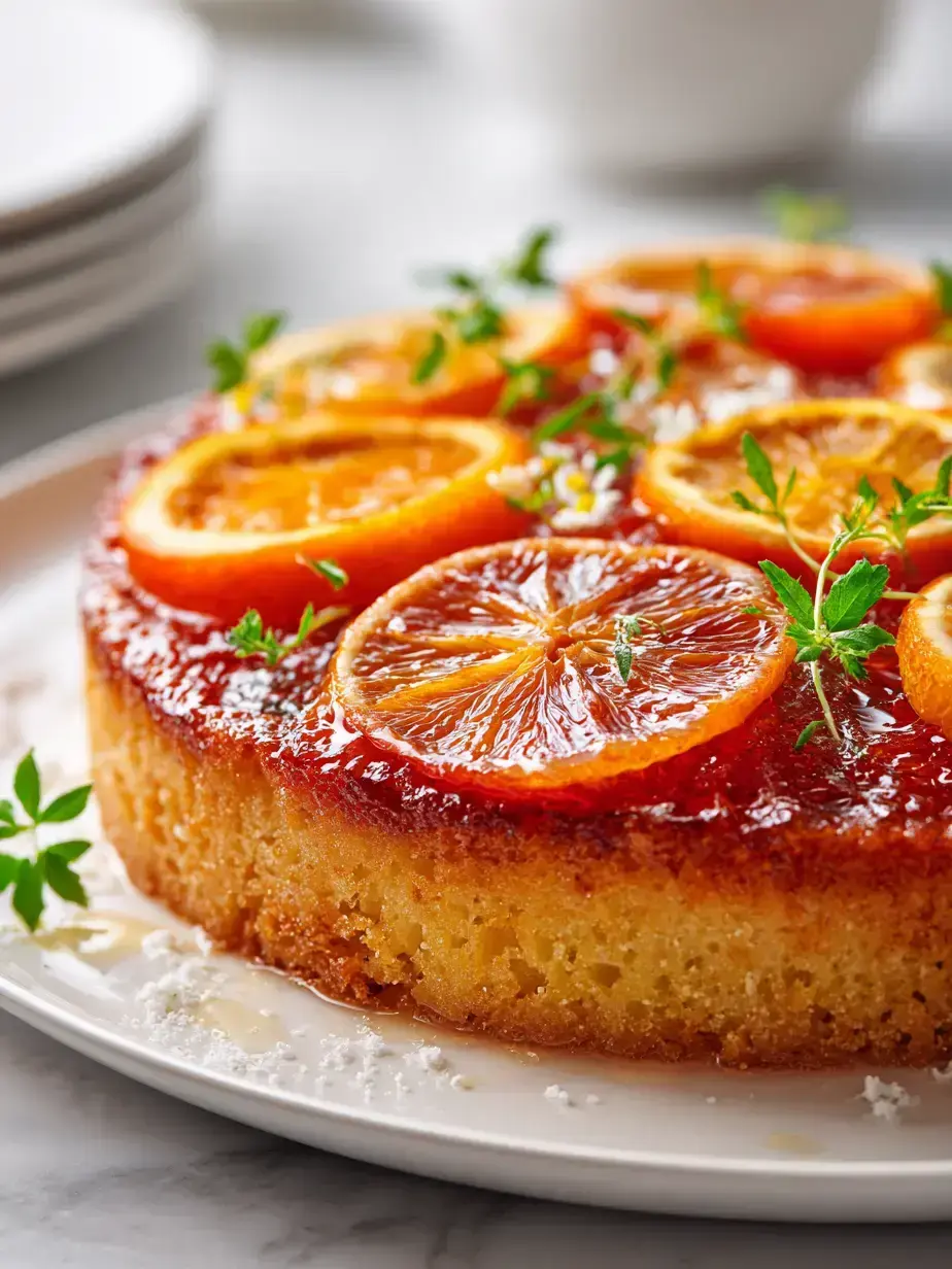 Slice of citrus upside down cake on a plate with a cup of tea