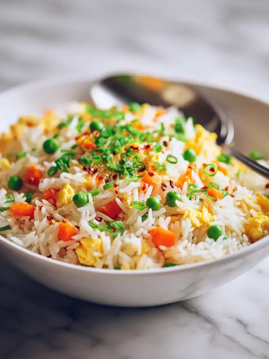Close-up of easy egg fried rice with green onion garnish in a bowl