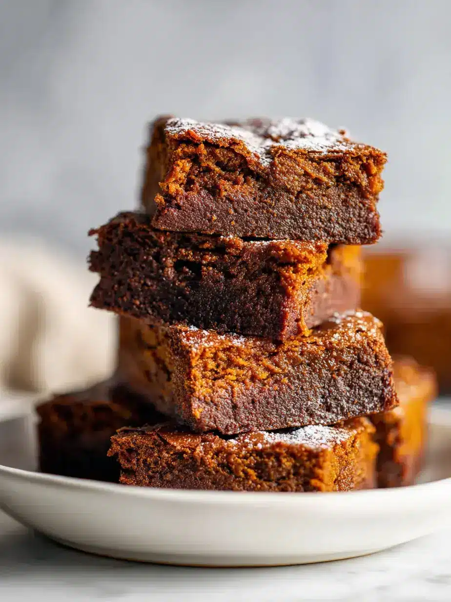 Plate of cut pumpkin brownies ready to serve
