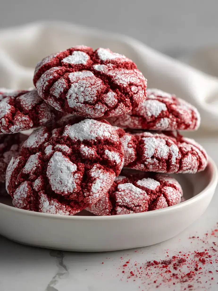 Irresistible red velvet crinkle cookies close up showing crinkle texture