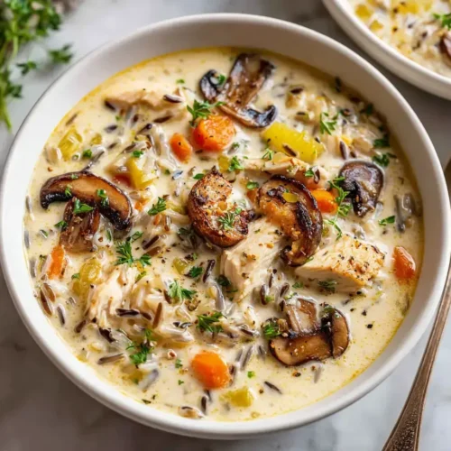 Easy Creamy Wild Rice Chicken Soup with Roasted Mushrooms.