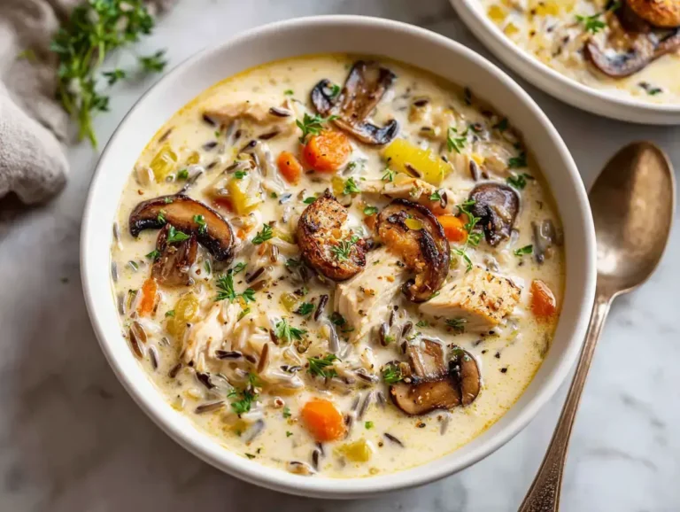 Easy Creamy Wild Rice Chicken Soup with Roasted Mushrooms.