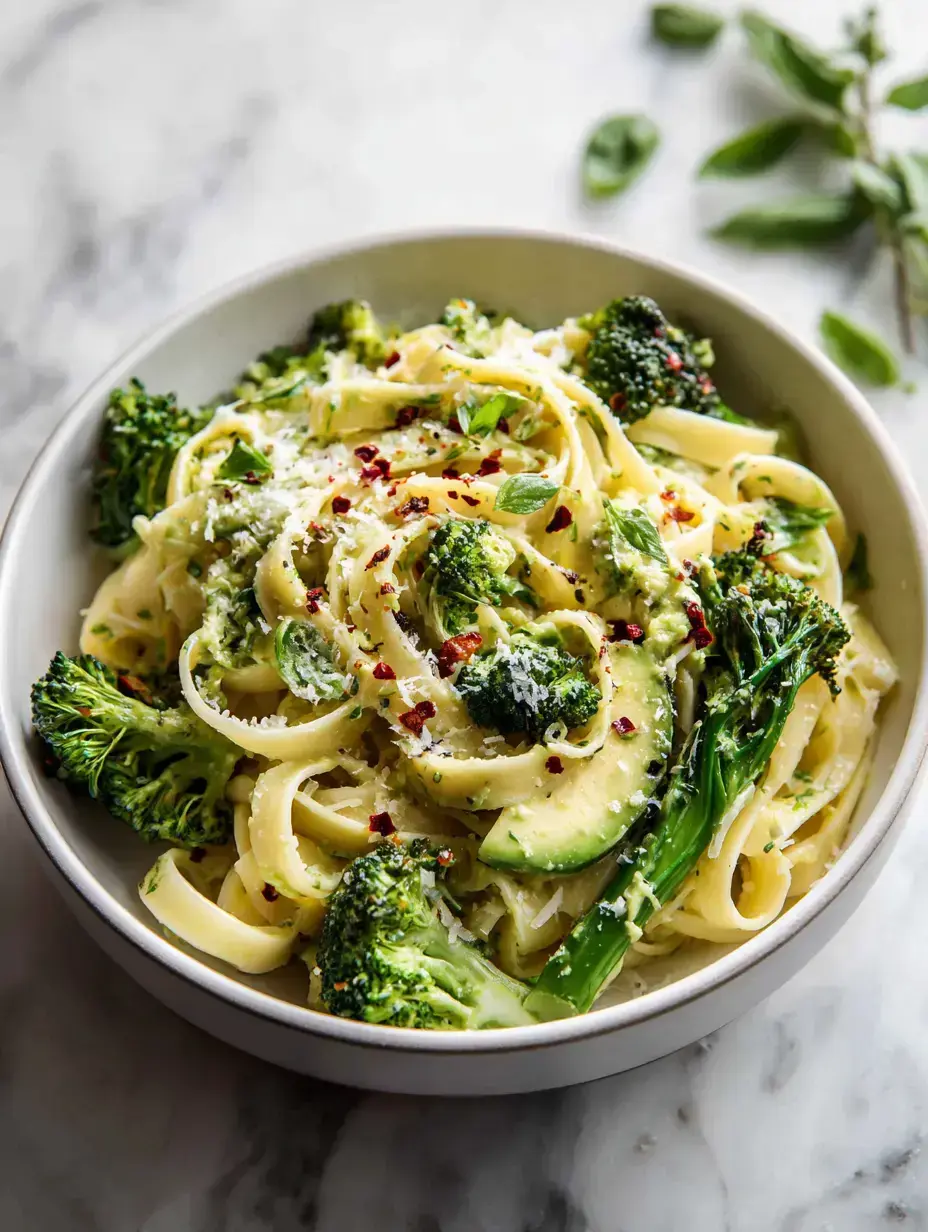 Avocado Broccoli Pasta serving presentation