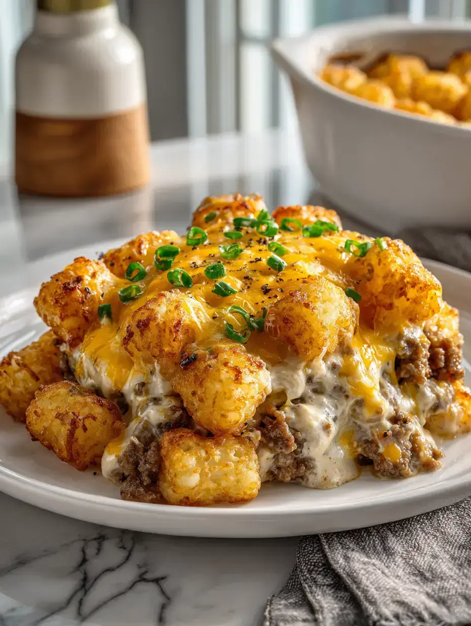 Cheesy Tater Tot Casserole serving presentation
