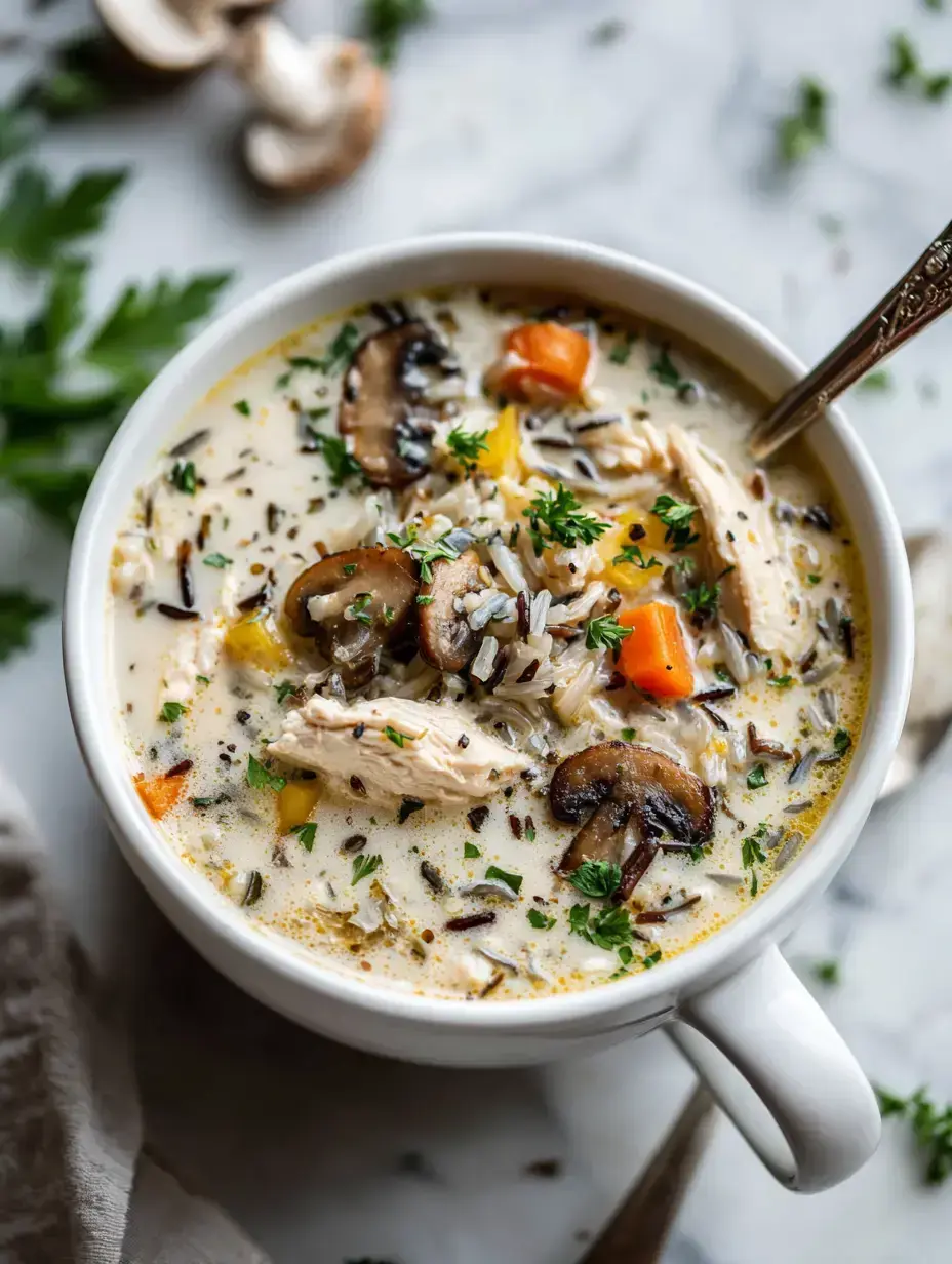 Cozy Serving of Creamy Wild Rice Chicken Soup with Roasted Mushrooms