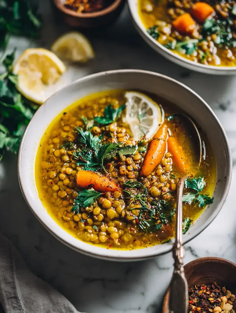 Healing Golden Lemon Lentil Soup serving presentation