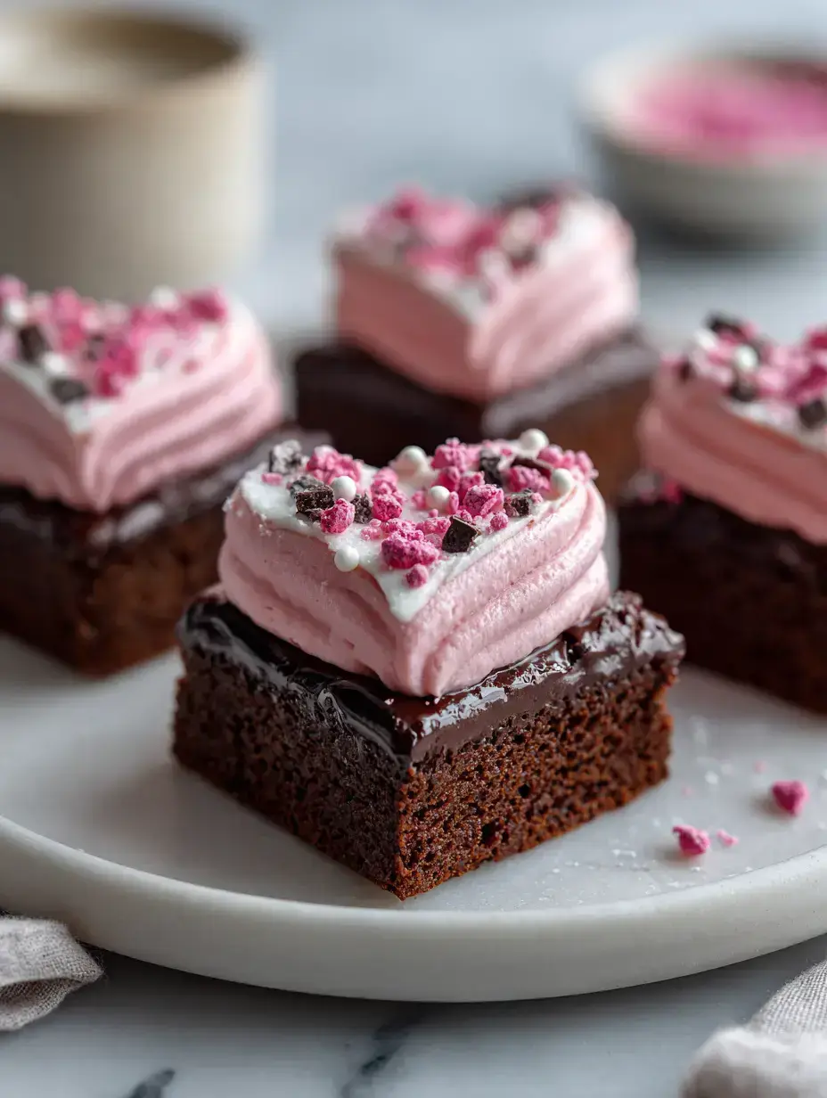 Heart Shaped Strawberry Frosted Brownies serving presentation