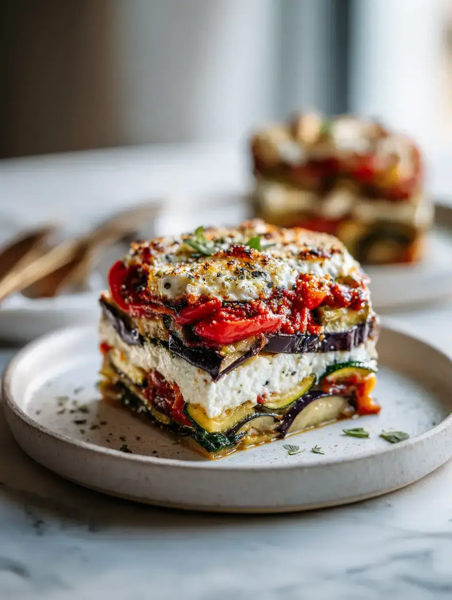 Layered Mediterranean Vegetable Lasagna with Creamy Ricotta serving presentation