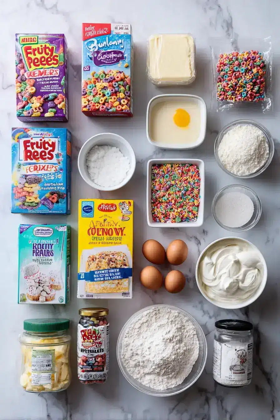 Rainbow Cereal Cheesecake ingredients preparation