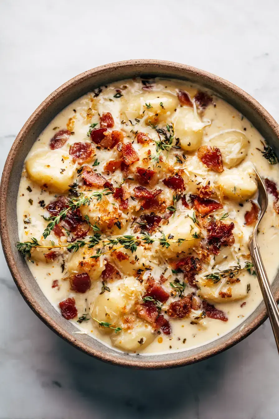 Bacon Cheddar Gnocchi Soup recipe finished dish