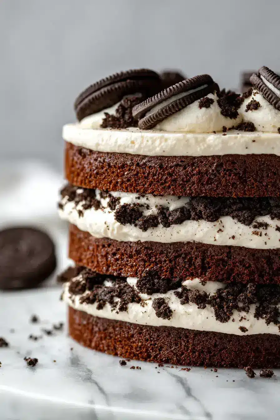 Cookie Brownie Oreo Stack Cake recipe finished dish