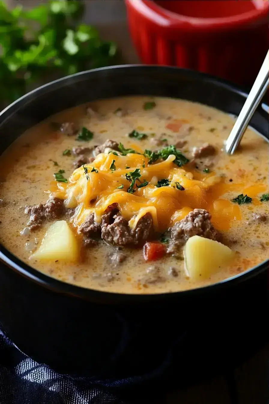 Crockpot Cheeseburger Soup recipe finished dish