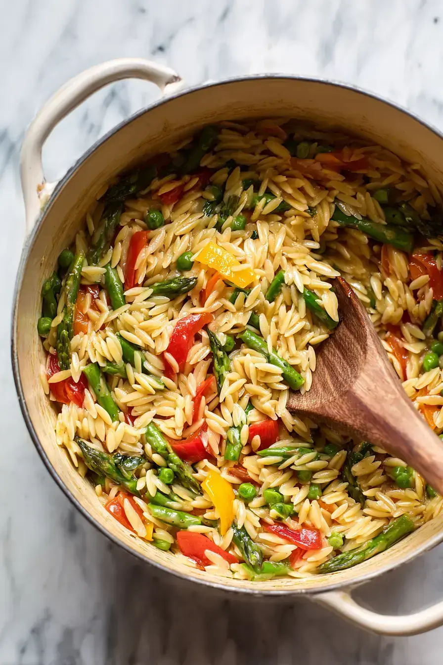 One Pot Orzo Primavera recipe finished dish