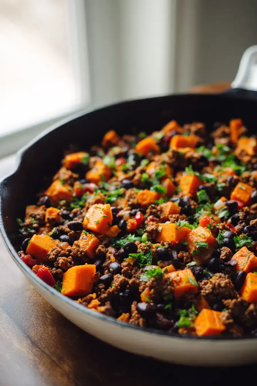 Southwest Ground Beef And Sweet Potato Skillet recipe finished dish