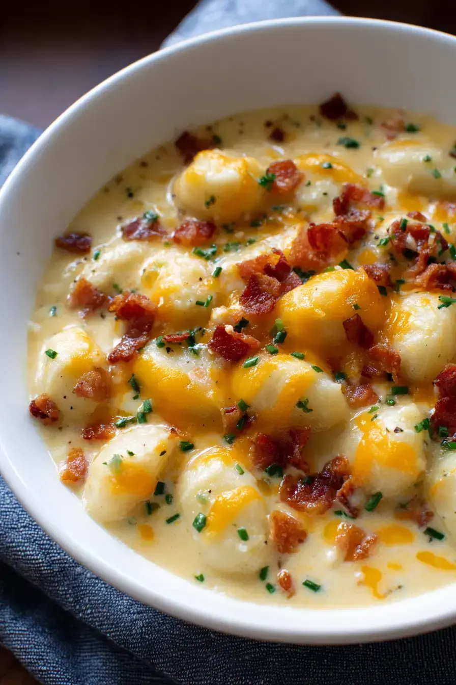Bacon Cheddar Gnocchi Soup serving presentation