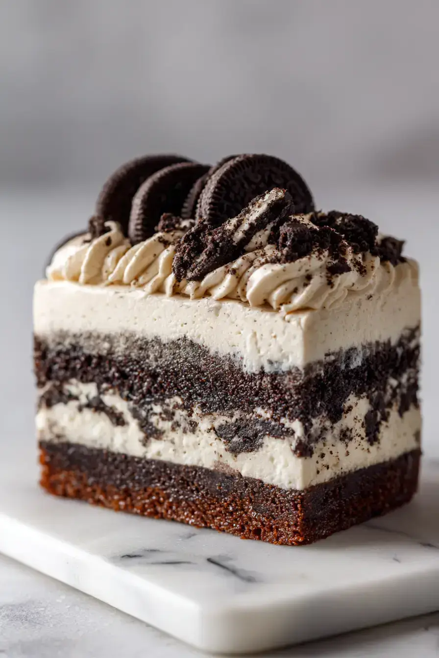 Cookie Brownie Oreo Stack Cake serving presentation