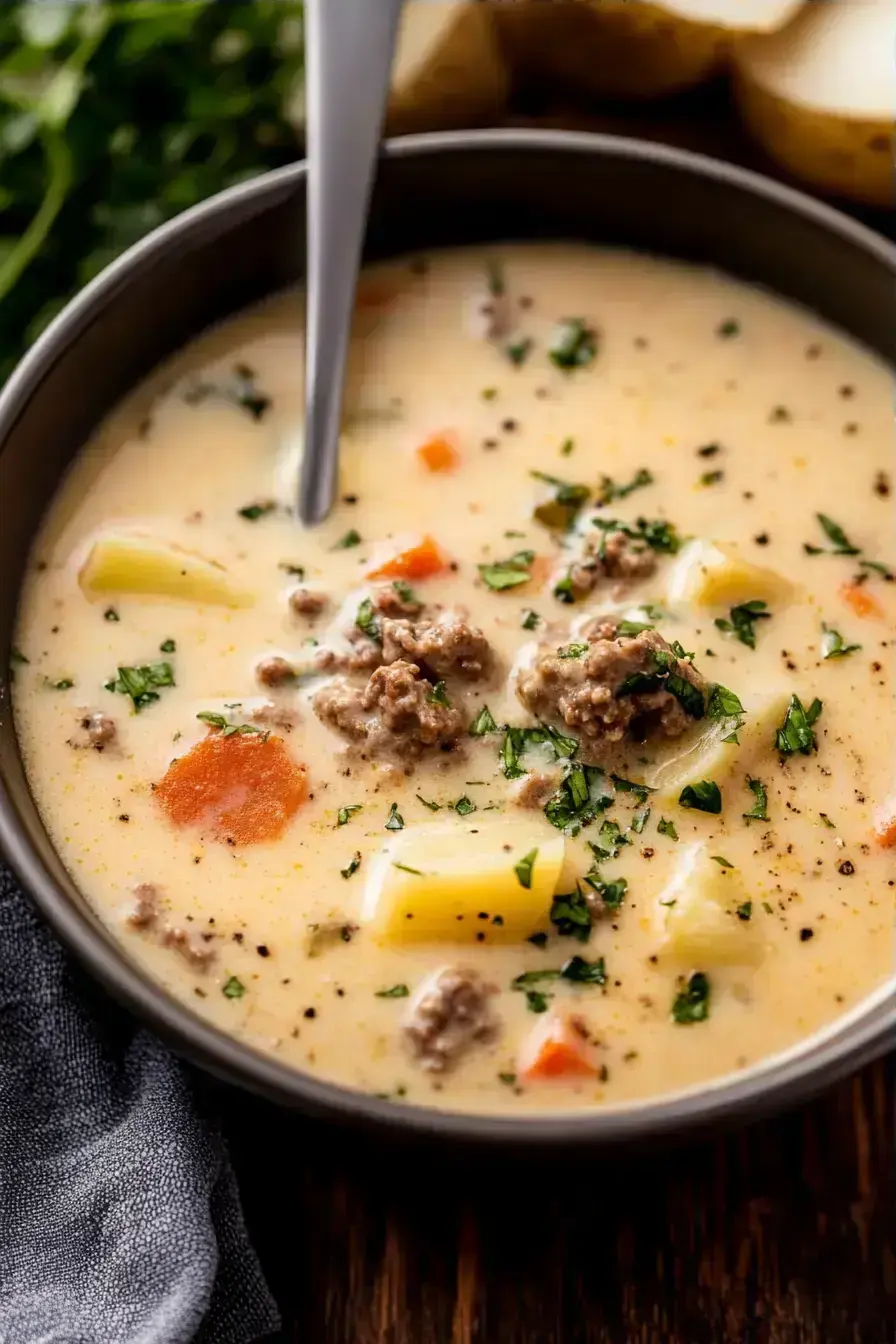 Crockpot Cheeseburger Soup serving presentation